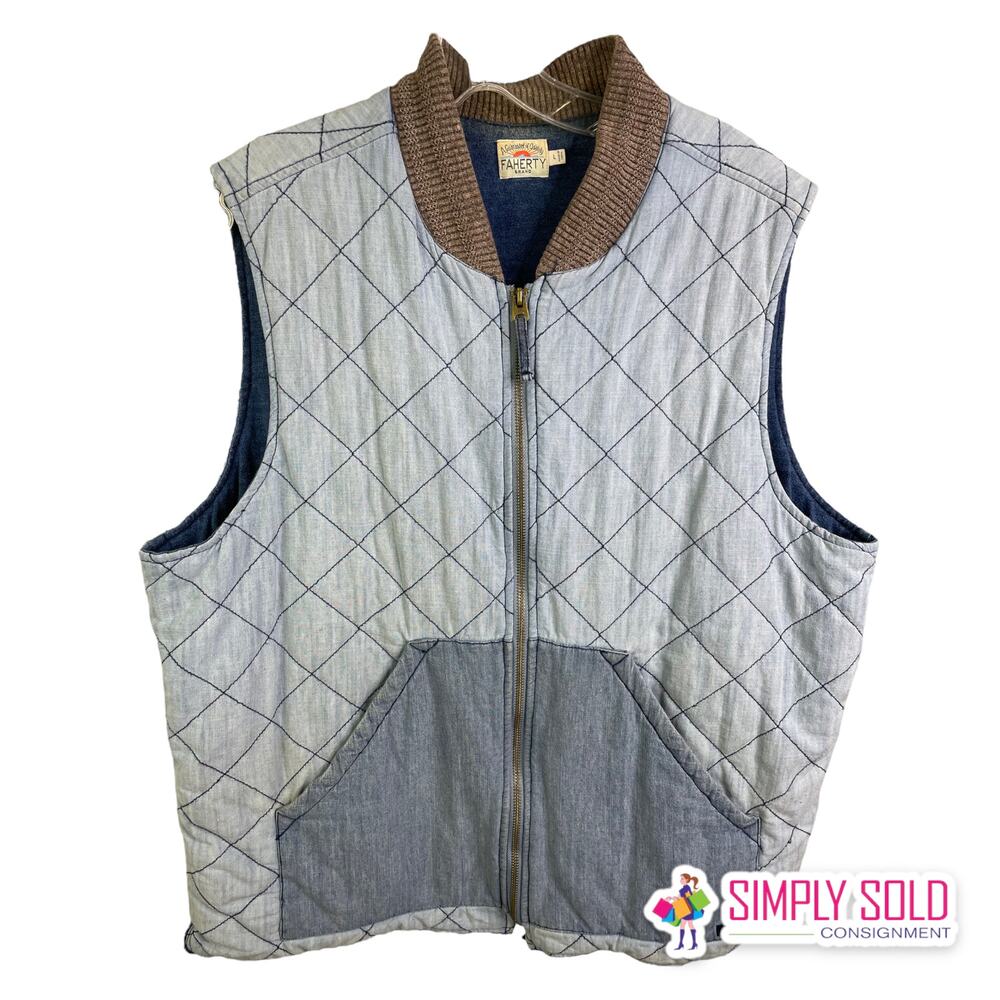Faherty Brand Mens‎ Quilted Zip Front Vest Blue Chambray Denim Size L